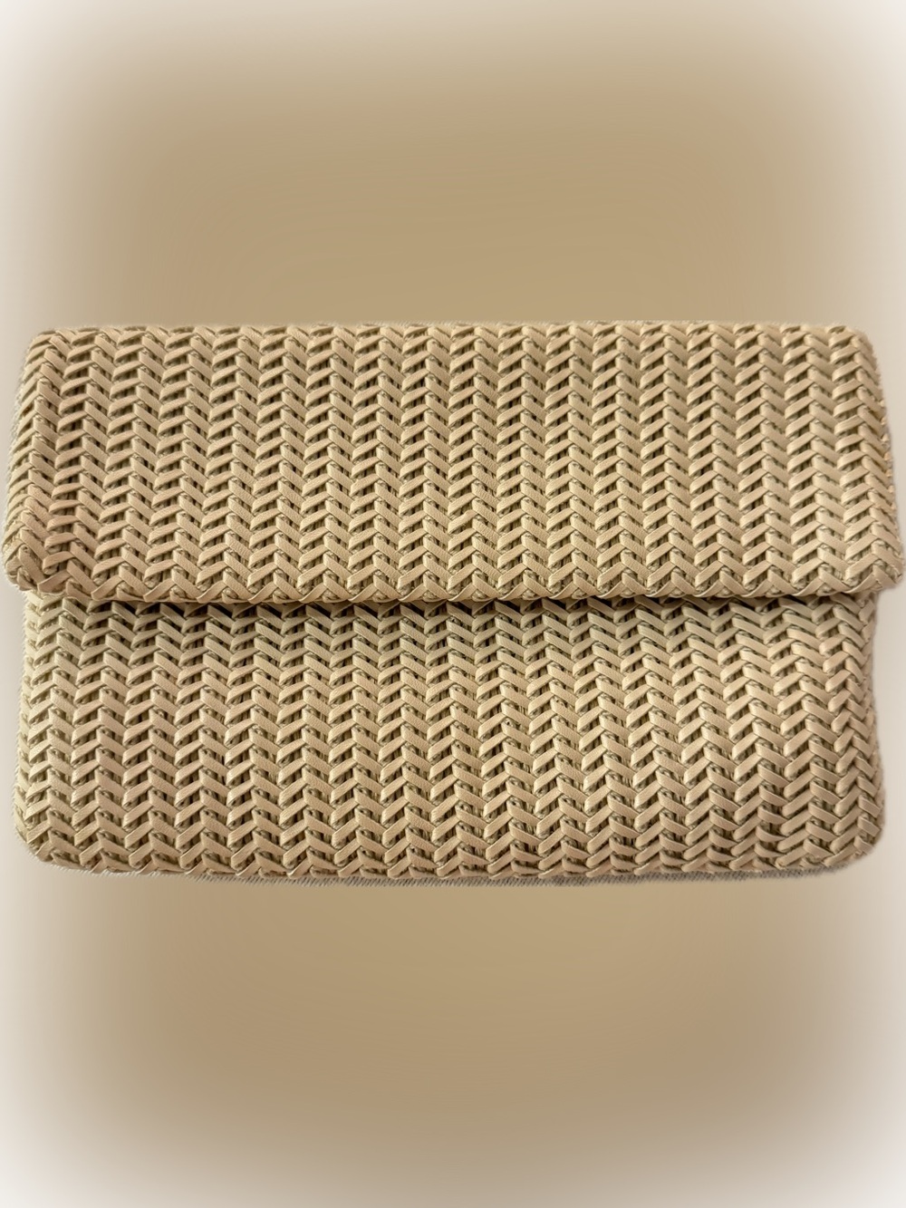 Madison West Woven Fold-Over Clutch in Natural Beige Long Gold Chain Strap